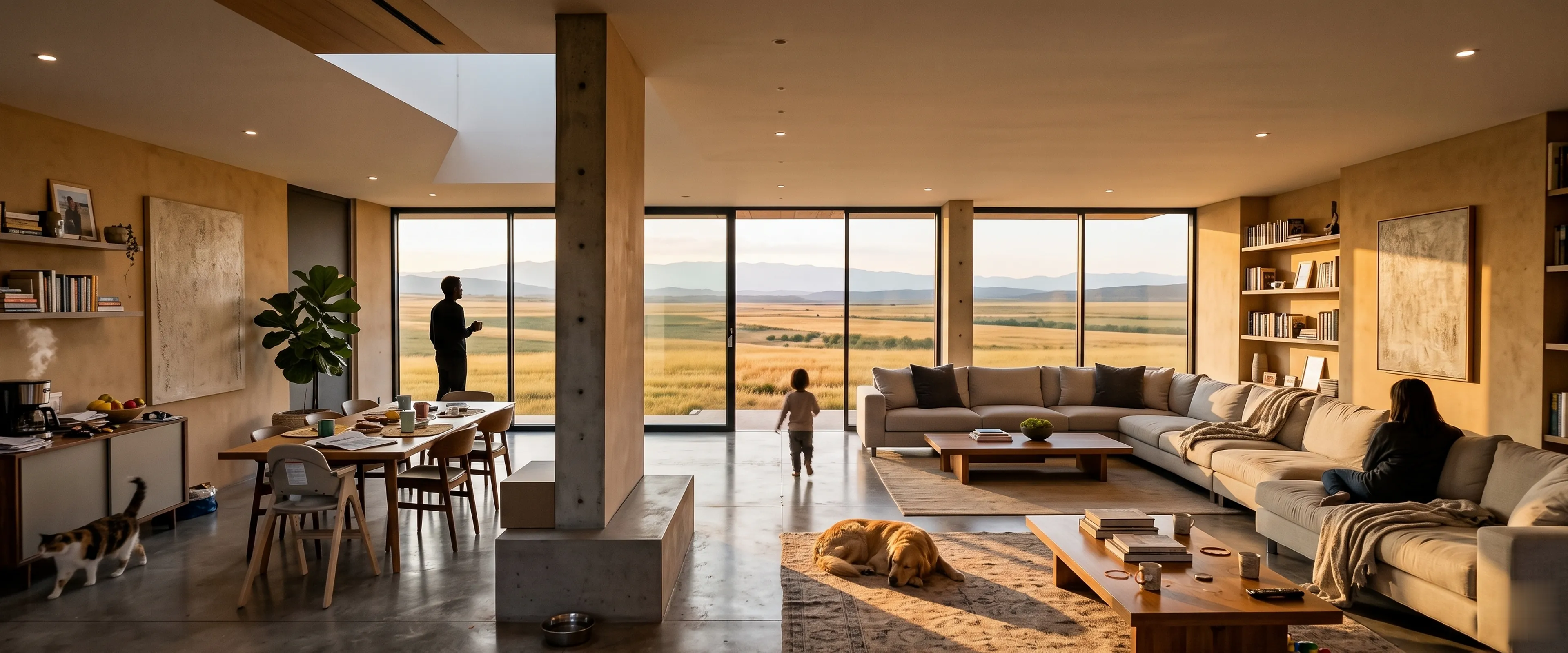 Interior cálido al amanecer: una familia habita la casa por primera vez