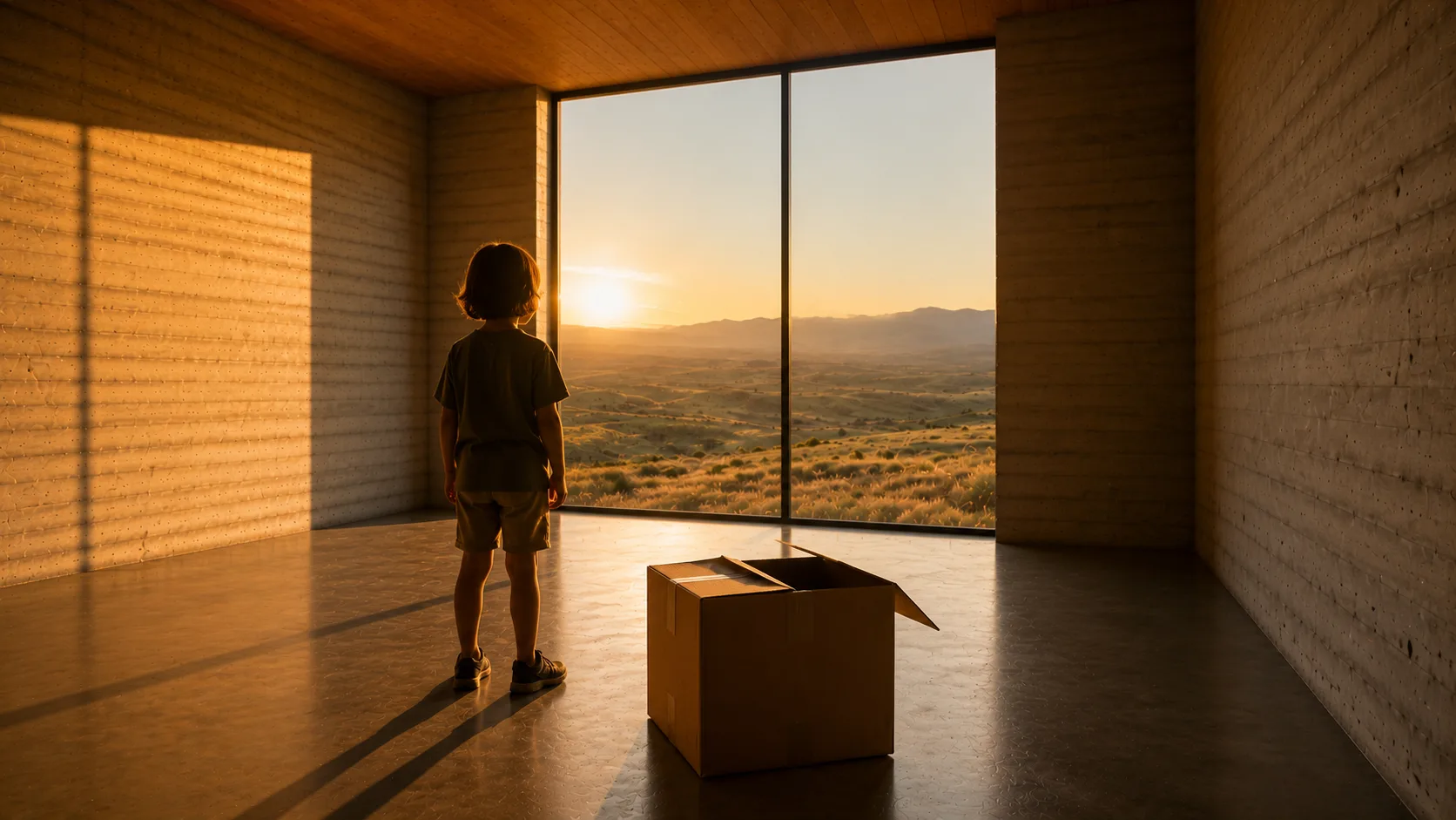 Un chico descubre su habitación nueva al atardecer