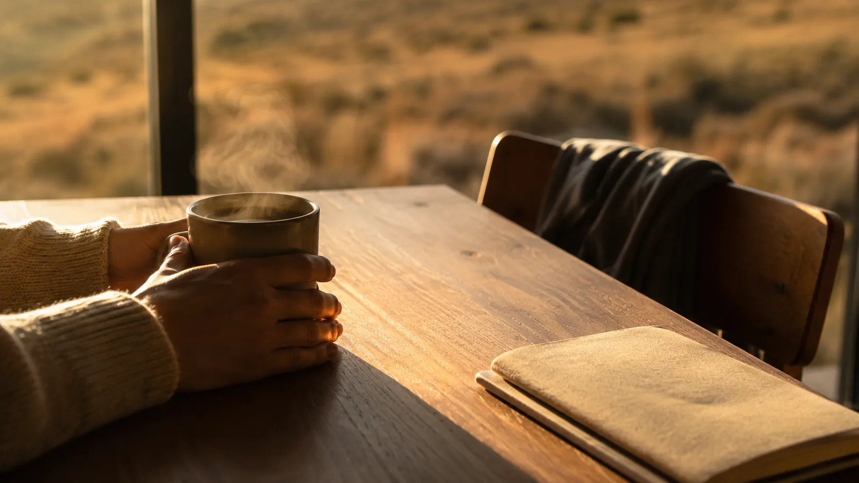 Manos alrededor de una taza humeante sobre la mesa de la casa nueva